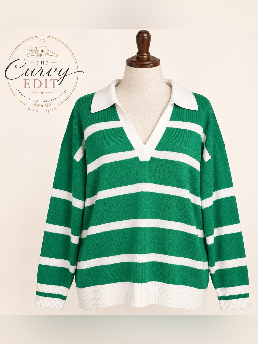 NWT Torrid Green White Stripe Cotton Collared V Neck Sweater Size 2X Rugby Style
